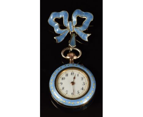 Silver and enamel keyless winding open faced pocket watch with gold hands, black Arabic numerals, white dial, guilloché ename