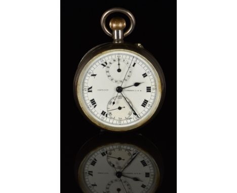 Heath &amp; Co of London silver keyless winding open faced chronograph pocket watch with blued hands, black Roman numerals, w