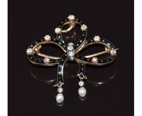 Victorian 9ct gold pendant/ brooch in the form of a bow set with enamel, diamonds and two drop pearls, 6g, 3.4 x 3.5cm