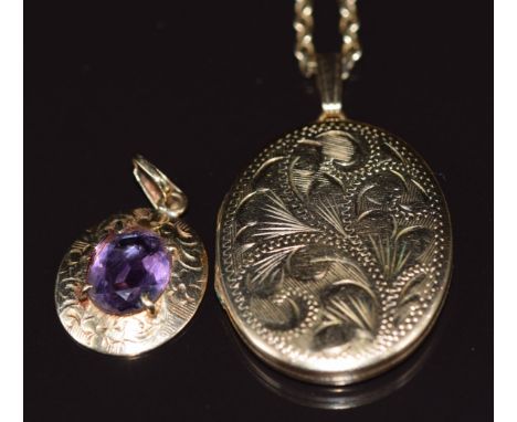 A 9ct gold locket with chased foliate decoration, on 9ct gold chain and 9ct gold pendant set with an amethyst, 13.9g&nbsp;
