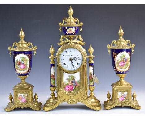 French brass and porcelain mantel clock garniture with 'Imperial' to the face and decorated with Watteau scenes, height 42cm