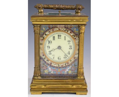 19th or early 20thC gilt brass cased repeating carriage clock, with enamel decoration to the dial, the movement striking on a