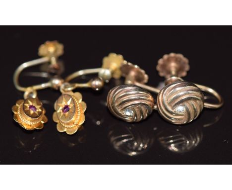 Two pairs of 9ct gold earrings, one pair set with a ruby in a star setting, 2.9g&nbsp;