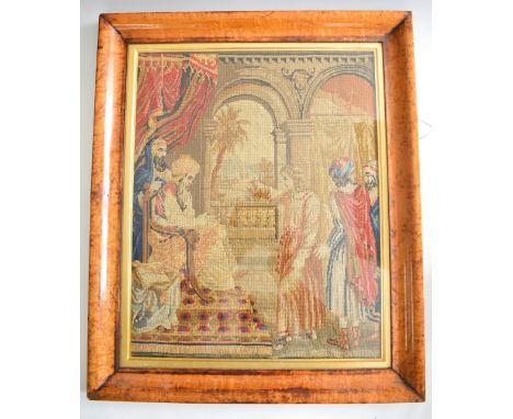 A 19thC tapestry depicting a king with subjects, in period birds eye maple frame 44 x 35cm