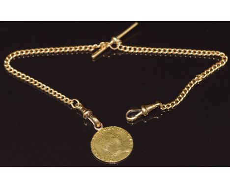 An 18ct gold&nbsp;Albert&nbsp;/ watch chain with T-bar (21.1g) and mounted 1787 guinea (8.5g), 29cm&nbsp;