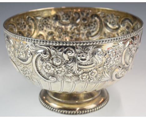 Victorian hallmarked silver pedestal punch bowl with embossed decoration, London 1898, maker&nbsp;William Hutton &amp; Sons L