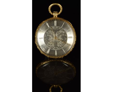 An 18ct gold open faced pocket watch with gold Breguet hands, engraved Roman numerals, engraved silver dial and unsigned move