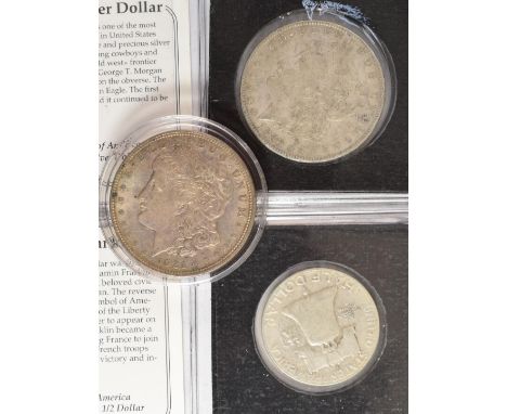 Three American coins comprising 1880 and 1921 Morgan Dollars and a 1948 Liberty half Dollar