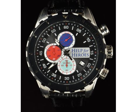 Danbury Mint Help for Heroes gentleman's chronograph wristwatch with date aperture, luminous hands, fixed bezel, colored subs