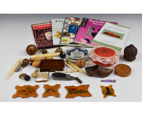 Collection of sewing, needlework and embroidery related items including bone finishing tools, Honiton lace pin cushion and pa