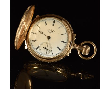 Unnamed 14ct gold keyless winding full hunter pocket watch&nbsp;with inset subsidiary seconds dial, blued Breguet hands, blac