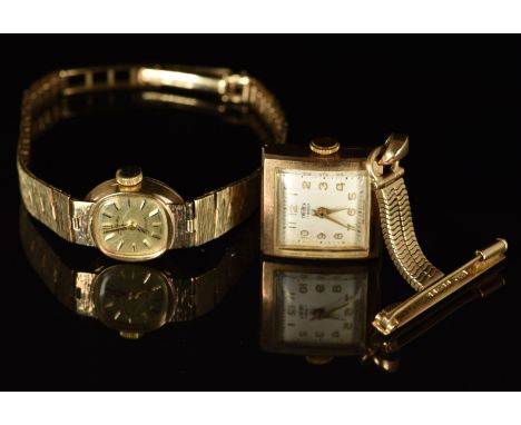 Two 9ct gold ladies watches comprising Rotary wristwatch on 9ct gold textured bracelet (15g) and a Trebex nurses watch on 9ct