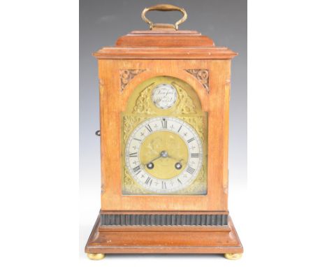 19thC or early 20thC bracket clock with gilt dial and silvered chapter ring, the 8 day French movement striking on a gong, he