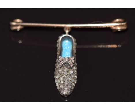 An early Victorian brooch / charm in the form of a shoe set with rose cut diamonds and guilloché enamel, 3g 3.5x2.5cm