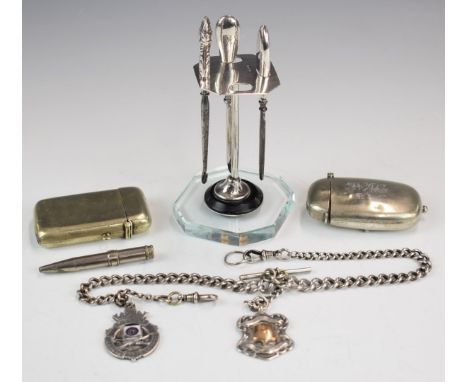 Art Deco hallmarked silver dressing table stand and tools, hallmarked silver watch chain and fobs, novelty vesta with integra