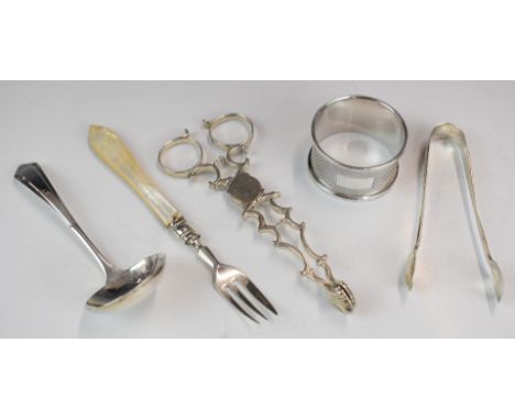 Hallmarked silver items comprising possibly provincial sugar nips (maker's mark only present, multiple times), sugar tongs, l