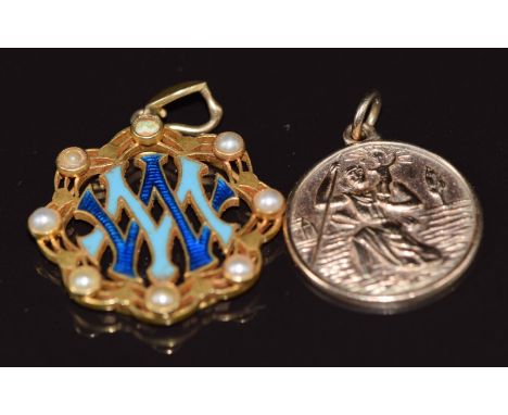 A 9ct gold St Christopher and a 9ct gold pendant set with enamel and split pearls, 7.4g&nbsp;