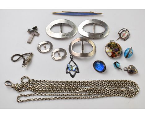 A collection of silver jewellery including Victorian heart pendant set with agate (Birmingham 1892), brooch set with enamel, 