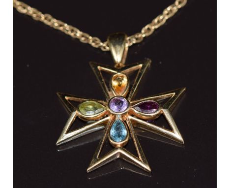 An 18ct gold pendant set with amethyst, garnet, citrine, peridot and topaz, on 9ct gold chain, 7.4g&nbsp;