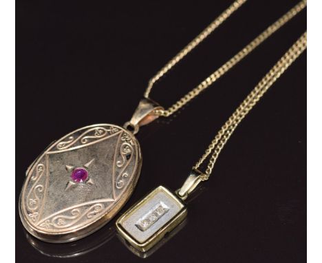 A 9ct gold locket set with a ruby on a 9ct gold chain, and a 9ct gold pendant set with three diamonds on 9ct gold chain, 10.4