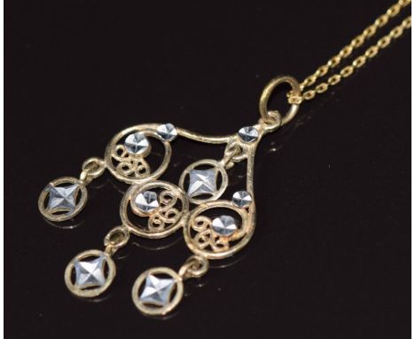 A 9ct gold pendant with cut out and pierced decoration, on 9ct gold chain, 1.9g&nbsp;