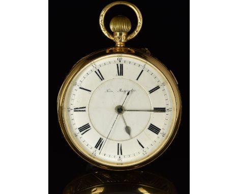 J W Reeley 18ct gold keyless winding open faced centre seconds chronograph pocket watch with gold hour and minutes hands, blu