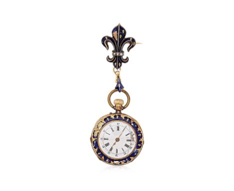 A LADIES GOLD AND ENAMEL EVENING POCKET WATCH
Probably Swiss, late 19th /early 20th Century, the white enamel dial with Roman
