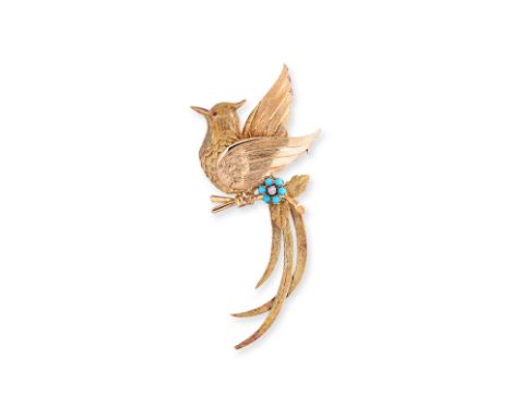 A LARGE TURQUOISE, RUBY AND DIAMOND SET 'BIRD' BROOCH
Featuring a bird brooch mounted in unmarked yellow gold, with ruby eyes