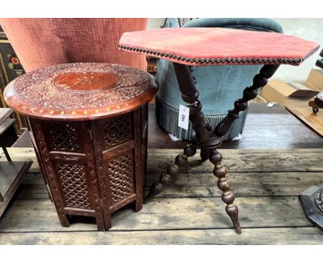 A Victorian bobbin turned octagonal gypsy table, width 52cm, height 62cm together with a circular Indian brass inlaid hardwoo