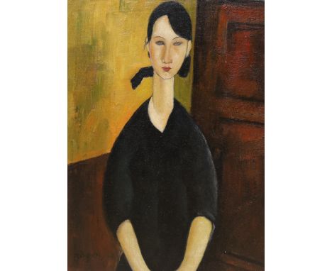 After Modigliani, oil on board, Portrait of Paulette Jourdain, bears signature, 39 x 29cm.