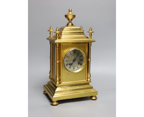 A Le Roy et Fils architectural brass mantel clock, with pendulum and key, 37cm tall