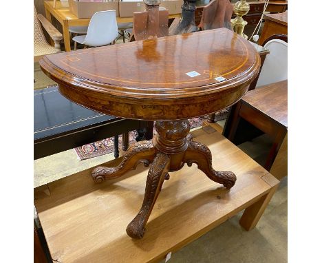 A mid Victorian tulip banded burr walnut 'D' shaped folding card table width 92cm, depth 45 cm, height 71cm