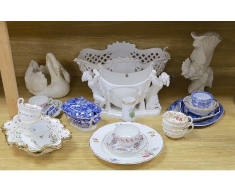 A group of Staffordshire blue and white pottery, including a sauce tureen and cover, together with a selection of decorative 