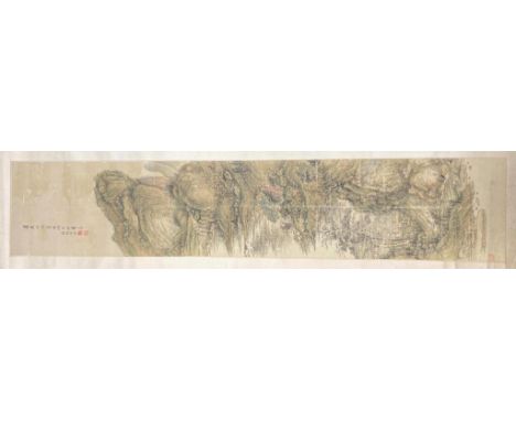 A Chinese landscape scroll painting on silk, Qing dynasty inscribed and signed, artist’s seal and collector’s seal lower left