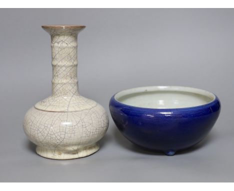A three-footed Chinese ceramic bowl, together with a crackle glaze vase, tallest 20cm