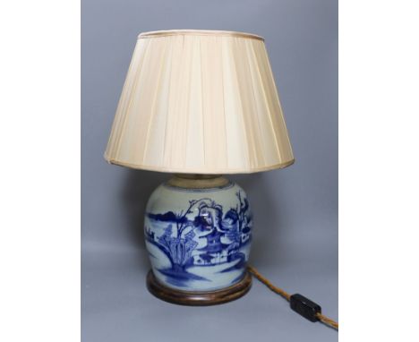 A 19th century Chinese blue and white vase converted into a lamp with shade, overall 49cm tall