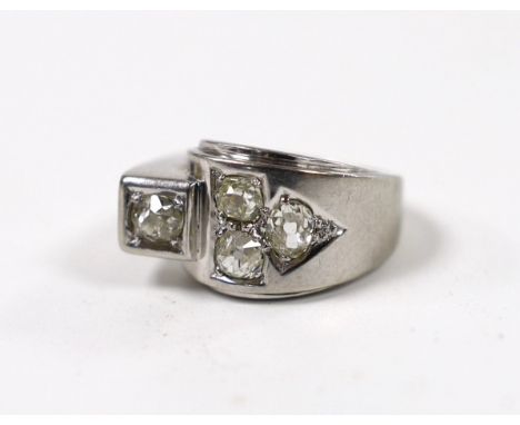 A continental 750 white metal and four stone diamond set dress ring, size H, gross weight 6.1 grams.