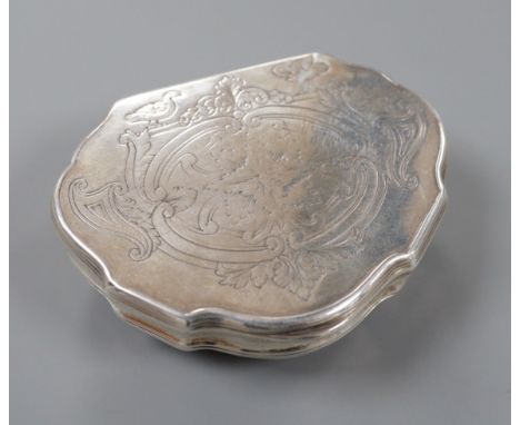 A late 18th/early 19th century white metal shaped demi-lune snuff box, makers mark, OR, 7cm, 69.5 grams.