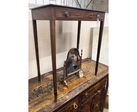 A George III mahogany side table, width 64cm, depth 36cm, height 75cm and a Victorian bobbin turned mahogany toilet mirror