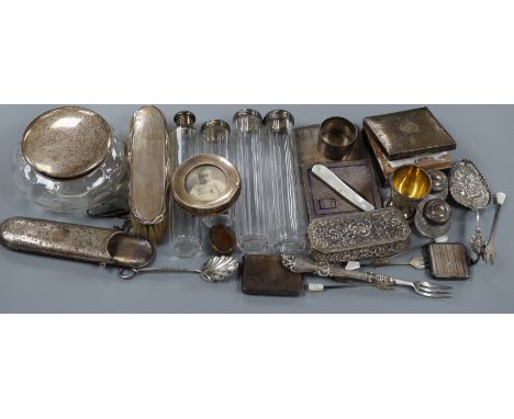 A collection of assorted collectable silver items, including a George V spectacles case, cigarette box, trinket box, Dutch sp