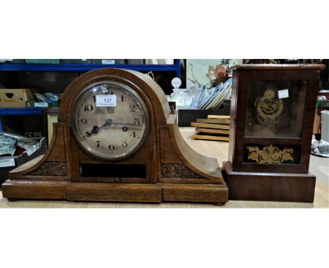 A 1930's striking mantel clock in oak Napoleon hat shaped case; 2 other clocks 