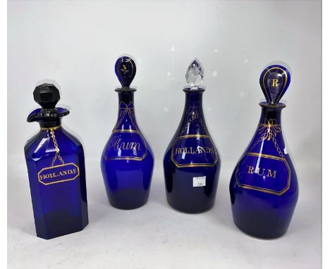 A Georgian near matching set of 3 decanters in Bristol blue, lettered in gilt, 2 x Rum, 1 x Hollands; a similar "Hollands" sq