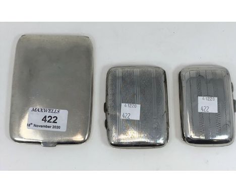 An engine turned cigarette case Chester 1918 (dented); a plain cigarette case Birmingham 1924; a small engine turned cigarett