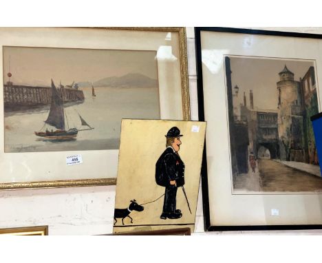 F Watson:  Sunderland, harbour scene, watercolour, signed, 26 x 38 cm, framed and glazed (faded); a coloured etching of a Bee
