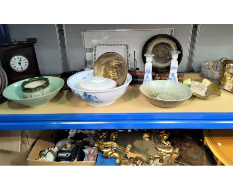 Three studio pottery bowls; a Victorian wash bowl; collectors items; a 'headsman's axe'; a gilt framed wall mirror 