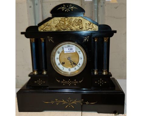 A 19th century mantel clock with  French striking movement, the case in the form of a classical temple with brass mounts 