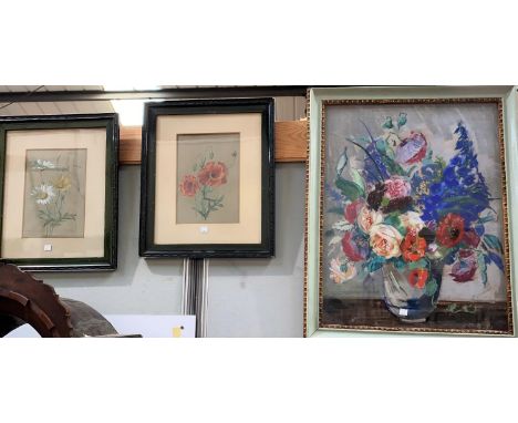 N P Bolt:  Still life of flowers in a vase, pastel sketch, signed, framed and glazed; 2 watercolours depicting floral subject