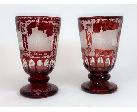 A 19th century Bohemian pair of glass items with red overlay and etching 