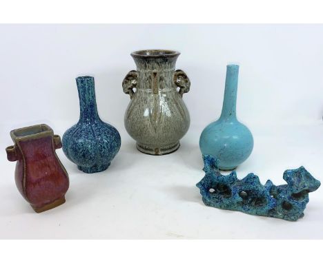 A Chinese ceramic lobed and mottled blue vases with marks to base, a similar abstract item, seal mark to base; a larger drop 