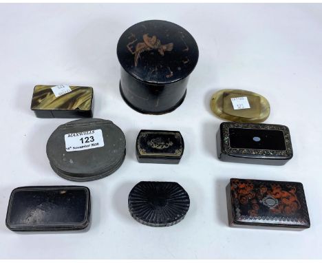 A collection of 8 19th century snuff boxes and a trinket box 